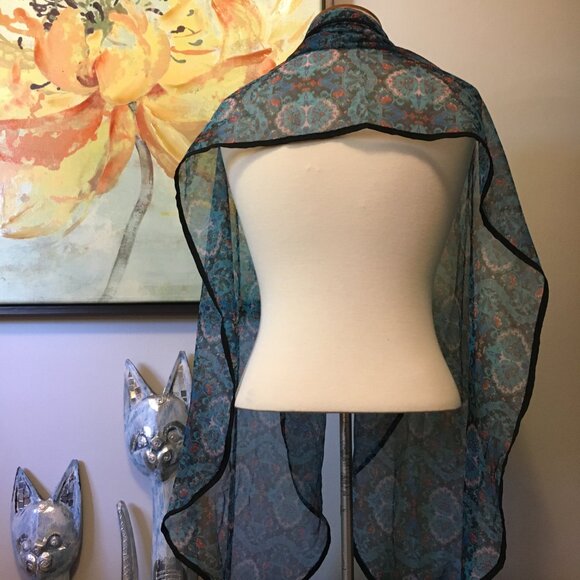 Sheer Blue Floral Damask Tapered Boho Scarf - Picture 12 of 16
